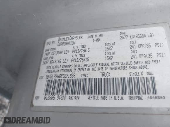 ✅ 2000 Dodge Dakota Sport • VIN: 1B7GL2AN6YS671636 • Лот: 43508621. Размещён на IAAI с пробегом 243 999 миль миль. Получите бесплатный доступ к архиву аукционных продаж из США и посмотрите подробный отчёт об истории автомобиля на DreamBid. Изображение 9.