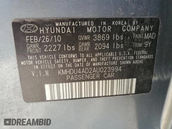 ✅ 2010 Hyundai Elantra SE • VIN: KMHDU4AD2AU023994 • Lot: 71959965. Listed on Copart with 146,508 mi. Free auction sales archive from the USA and detailed vehicle history report at DreamBid. Image 12.