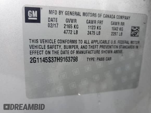 ✅ 2017 Chevrolet Impala Premier • VIN: 2G1145S37H9163798 • Lot: 82672155. Listed on Copart with 225,957 mi. Free auction sales archive from the USA and detailed vehicle history report at DreamBid. Image 12.