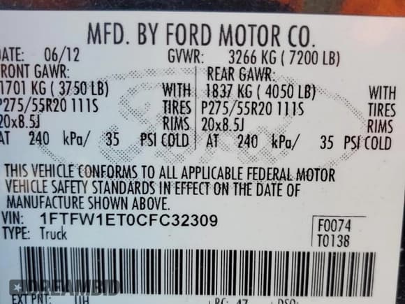 ✅ 2012 Ford F-150 Lariat • VIN: 1FTFW1ET0CFC32309 • Lot: 87266565. Wystawiony na Copart z przebiegiem 178 680 mil. Bezpłatny archiwum sprzedaży aukcyjnych z USA i szczegółowy raport historii pojazdu na DreamBid. Zdjęcie 12.