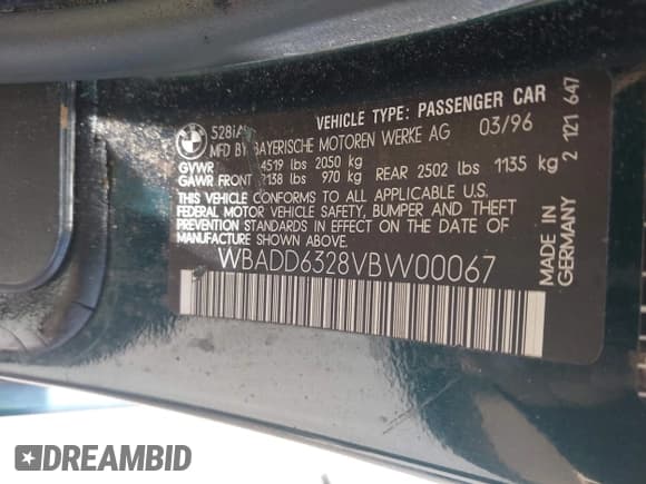 ✅ 1997 BMW 5 Series 528i • VIN: WBADD6328VBW00067 • Lot: 42577824. Listed on IAAI with 122,332 mi. Free auction sales archive from the USA and detailed vehicle history report at DreamBid. Image 9.