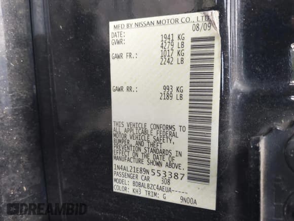 ✅ 2009 Nissan Altima SL • VIN: 1N4AL21E89N553387 • Lot: 43266646. Listed on IAAI with 151,107 mi. Free auction sales archive from the USA and detailed vehicle history report at DreamBid. Image 9.