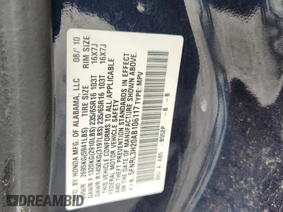 ✅ 2010 Honda Odyssey LX • VIN: 5FNRL3H20AB106117 • Lot: 67259605. Listed on Copart with 278,771 mi. Free auction sales archive from the USA and detailed vehicle history report at DreamBid. Image 13.