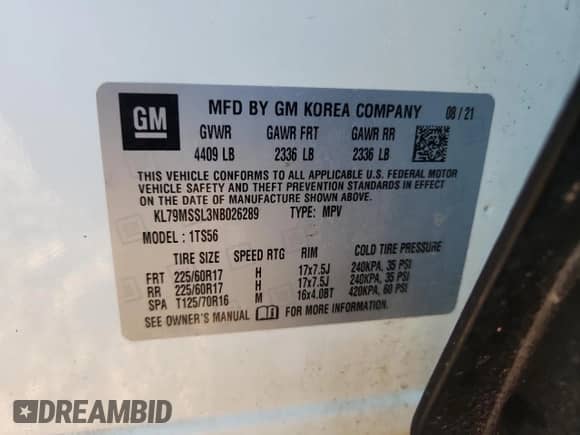 2022 Chevrolet TrailBlazer ACTIV с VIN KL79MSSL3NB026289, выставлен на аукционе Copart как лот 64669425 с пробегом 34 620 миль миль и Списание • Salvage title. История ставок и продаж доступна на DreamBid. Изображение 13.