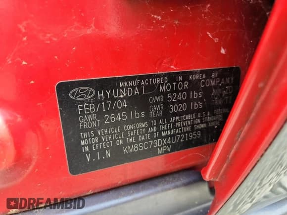 ✅ 2004 Hyundai Santa Fe GLS • VIN: KM8SC73DX4U721959 • Lot: 64807405. Listed on Copart with Not provided. Free auction sales archive from the USA and detailed vehicle history report at DreamBid. Image 13.