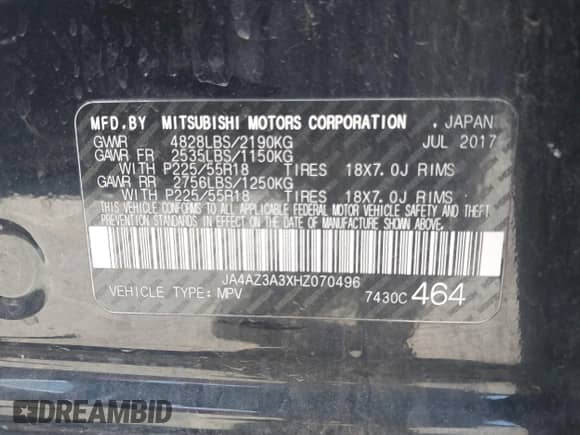 2017 Mitsubishi Outlander SE с VIN JA4AZ3A3XHZ070496, выставлен на аукционе IAAI как лот 43001702 с пробегом 137 230 миль миль и . История ставок и продаж доступна на DreamBid. Изображение 9.