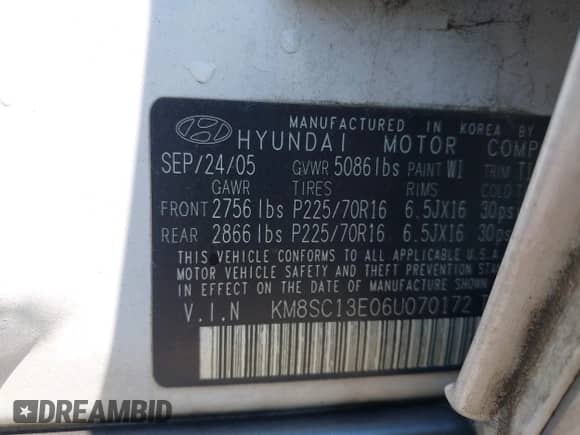 2006 Hyundai Santa Fe GLS с VIN KM8SC13E06U070172, выставлен на аукционе IAAI как лот 43013893 с пробегом 134 553 миль миль и . История ставок и продаж доступна на DreamBid. Изображение 9.