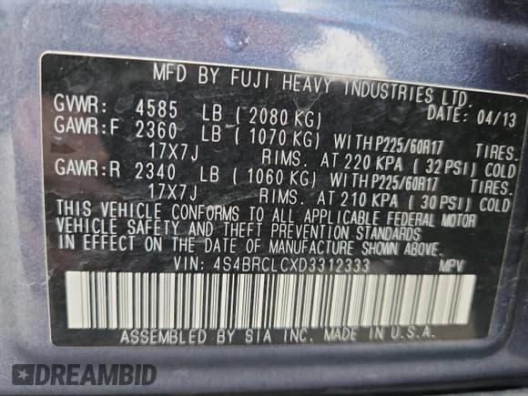 ✅ 2013 Subaru Outback Limited • VIN: 4S4BRCLCXD3312333 • Lot: 69572475. Listed on Copart with 95,772 mi. Free auction sales archive from the USA and detailed vehicle history report at DreamBid. Image 13.