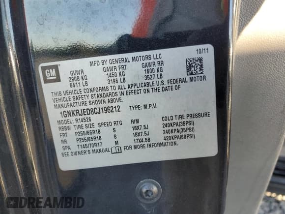 ✅ 2012 Chevrolet Traverse 2LT • VIN: 1GNKRJED8CJ196212 • Lot: 86243675. Listed on Copart with 156,908 mi. Free auction sales archive from the USA and detailed vehicle history report at DreamBid. Image 13.