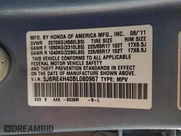 ✅ 2011 Honda CR-V SE • VIN: 5J6RE4H40BL080967 • Lot: 94247265. Listed on Copart with 60,480 mi. Free auction sales archive from the USA and detailed vehicle history report at DreamBid. Image 13.