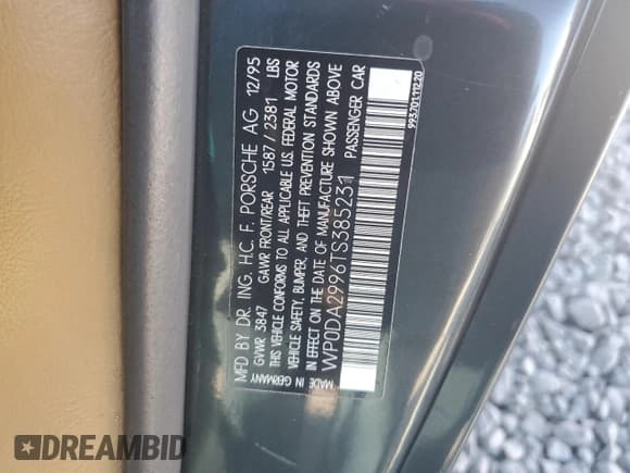 ✅ 1996 Porsche 911 • VIN: WP0DA2996TS385231 • Lot: 83699964. Wystawiony na Copart z przebiegiem 60 492 mil. Bezpłatny archiwum sprzedaży aukcyjnych z USA i szczegółowy raport historii pojazdu na DreamBid. Zdjęcie 12.