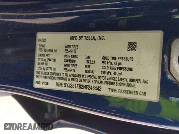 ✅ 2022 Tesla Model 3 Long Range • VIN: 5YJ3E1EB2NF246443 • Lot: 42179219. Wystawiony na IAAI z przebiegiem Nie podano. Bezpłatny archiwum sprzedaży aukcyjnych z USA i szczegółowy raport historii pojazdu na DreamBid. Zdjęcie 9.