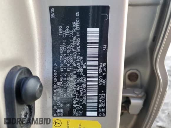 2007 Toyota Highlander w/3rd Row с VIN JTEDD21AX70155637, выставлен на аукционе Copart как лот 46425805 с пробегом 202 974 миль миль и Списание • Salvage title. История ставок и продаж доступна на DreamBid. Изображение 12.