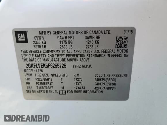 ✅ 2015 GMC Terrain SLE • VIN: 2GKFLVEK5F6255725 • Lot: 90758905. Listed on Copart with 92,008 mi. Free auction sales archive from the USA and detailed vehicle history report at DreamBid. Image 13.