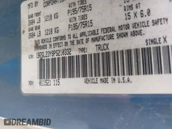 1993 Dodge Dakota z VIN 1B7GL23Y8PS210332, wystawiony jako IAAI lot #41875038 z przebiegiem 215 599 mil mil oraz . Historia ofert i sprzedaży dostępna na DreamBid. Obrazek 9.