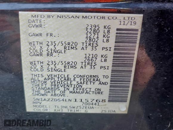 ✅ 2020 Nissan Murano Platinum • VIN: 5N1AZ2DS4LN115768 • Lot: 95020185. Listed on Copart with 36,347 mi. Free auction sales archive from the USA and detailed vehicle history report at DreamBid. Image 13.