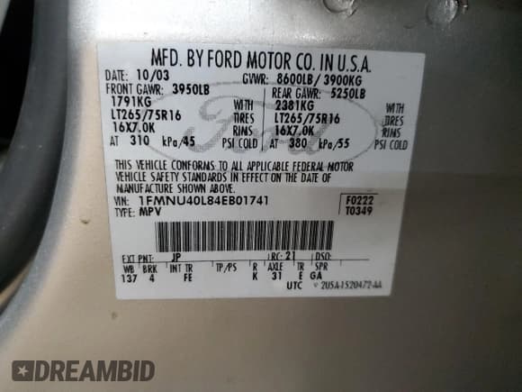 ✅ 2004 Ford Excursion Special Serv • VIN: 1FMNU40L84EB01741 • Лот: 85217944. Опубликован ранее на Copart с пробегом 296 142 миль. Бесплатный доступ к архиву аукционных продаж из США и подробный отчёт об истории автомобиля на DreamBid. Изображение 15.