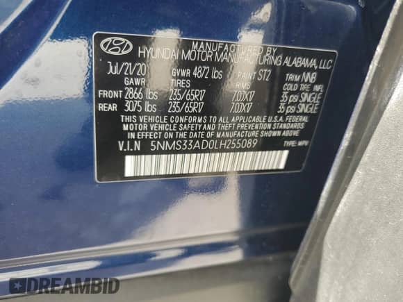 2020 Hyundai Santa Fe SEL с VIN 5NMS33AD0LH255089, выставлен на аукционе Copart как лот 56422605 с пробегом Не указан миль и Списание • Salvage title. История ставок и продаж доступна на DreamBid. Изображение 13.