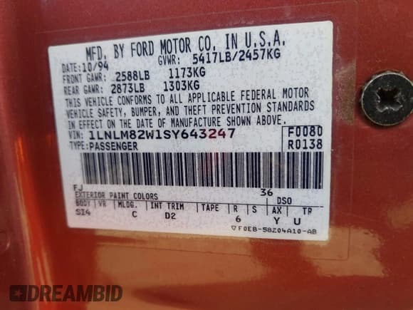 ✅ 1995 Lincoln Town Car Signature • VIN: 1LNLM82W1SY643247 • Lot: 43625347. Listed on IAAI with 169,827 mi. Free auction sales archive from the USA and detailed vehicle history report at DreamBid. Image 9.