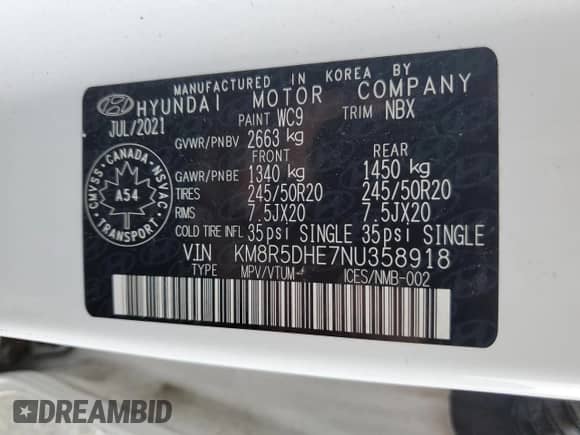 2022 Hyundai Palisade Limited with VIN KM8R5DHE7NU358918, listed as a Copart auction lot 48280055 with 62,795 mi miles and Salvage title. Bid and sale history available at DreamBid. Image 14.