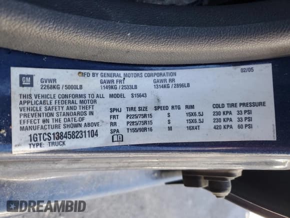 ✅ 2005 GMC Canyon 1SB SLE Z85 • VIN: 1GTCS138458231104 • Lot: 55971215. Listed on Copart with Not provided. Free auction sales archive from the USA and detailed vehicle history report at DreamBid. Image 12.