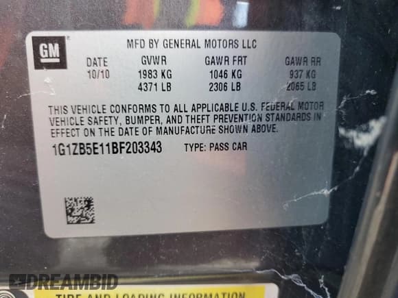 ✅ 2011 Chevrolet Malibu 1LS • VIN: 1G1ZB5E11BF203343 • Lot: 72412874. Listed on Copart with 121,674 mi. Free auction sales archive from the USA and detailed vehicle history report at DreamBid. Image 12.