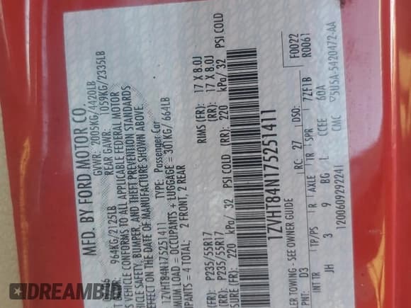 ✅ 2007 Ford Mustang Deluxe • VIN: 1ZVHT84N175251411 • Lot: 87271085. Listed on Copart with 82,989 mi. Free auction sales archive from the USA and detailed vehicle history report at DreamBid. Image 12.