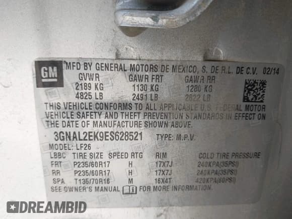 ✅ 2014 Chevrolet Captiva Sport LS • VIN: 3GNAL2EK9ES628521 • Lot: 42118147. Wystawiony na IAAI z przebiegiem 97 360 mil. Bezpłatny archiwum sprzedaży aukcyjnych z USA i szczegółowy raport historii pojazdu na DreamBid. Zdjęcie 9.