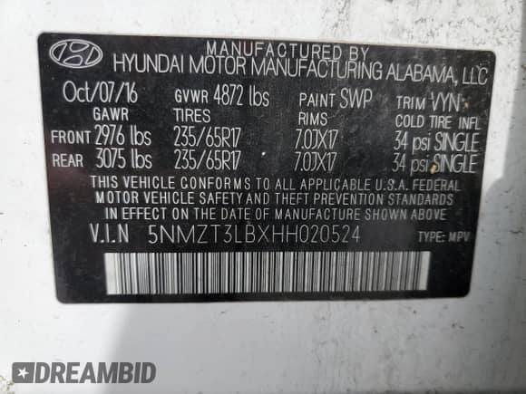 ✅ 2017 Hyundai Santa Fe 2.4L • VIN: 5NMZT3LBXHH020524 • Lot: 44558013. Wystawiony na Copart z przebiegiem 72 948 mil. Bezpłatny archiwum sprzedaży aukcyjnych z USA i szczegółowy raport historii pojazdu na DreamBid. Zdjęcie 13.
