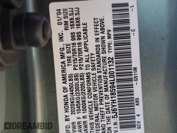 ✅ 2004 Honda Element EX • VIN: 5J6YH18594L001132 • Lot: 83769515. Listed on Copart with 215,788 mi. Free auction sales archive from the USA and detailed vehicle history report at DreamBid. Image 13.