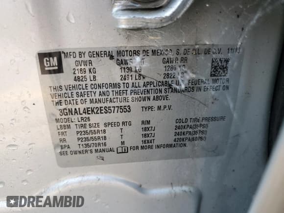 ✅ 2014 Chevrolet Captiva Sport LTZ • VIN: 3GNAL4EK2ES577553 • Lot: 60061145. Wystawiony na Copart z przebiegiem 101 110 mil. Bezpłatny archiwum sprzedaży aukcyjnych z USA i szczegółowy raport historii pojazdu na DreamBid. Zdjęcie 13.