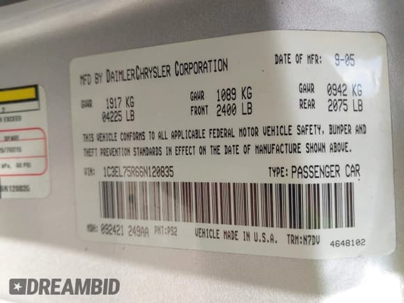 ✅ 2006 Chrysler Sebring GTC • VIN: 1C3EL75R66N120835 • Лот: 42582586. Опубликован ранее на IAAI с пробегом 171 645 миль. Бесплатный доступ к архиву аукционных продаж из США и подробный отчёт об истории автомобиля на DreamBid. Изображение 9.