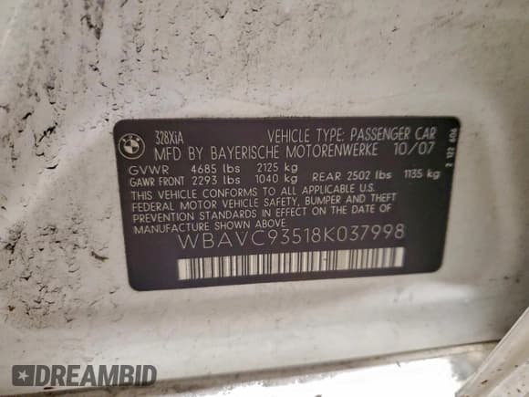 ✅ 2008 BMW 3 Series 328xi • VIN: WBAVC93518K037998 • Lot: 96665915. Listed on Copart with 165,726 mi. Free auction sales archive from the USA and detailed vehicle history report at DreamBid. Image 12.