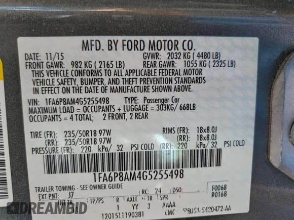 ✅ 2016 Ford Mustang V6 • VIN: 1FA6P8AM4G5255498 • Lot: 95666725. Listed on Copart with 66,877 mi. Free auction sales archive from the USA and detailed vehicle history report at DreamBid. Image 12.