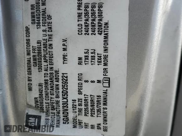 ✅ 2005 Buick Terraza CXL • VIN: 5GADV33LX5D259221 • Lot: 53628485. Wystawiony na Copart z przebiegiem 141 605 mil. Bezpłatny archiwum sprzedaży aukcyjnych z USA i szczegółowy raport historii pojazdu na DreamBid. Zdjęcie 13.