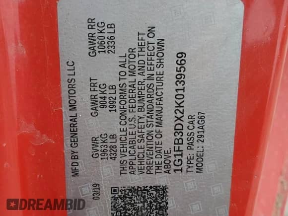 2019 Chevrolet Camaro 1LT с VIN 1G1FB3DX2K0139569, выставлен на аукционе Copart как лот 46160105 с пробегом 121 986 миль миль и Списание • Salvage title. История ставок и продаж доступна на DreamBid. Изображение 14.