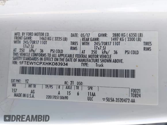 ✅ 2017 Ford F-150 XL • VIN: 1FTEW1CPXHKD83934 • Lot: 43092744. Wystawiony na IAAI z przebiegiem 160 410 mil. Bezpłatny archiwum sprzedaży aukcyjnych z USA i szczegółowy raport historii pojazdu na DreamBid. Zdjęcie 9.