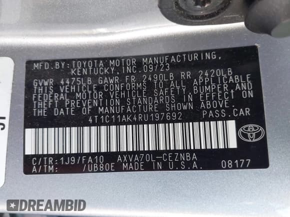 ✅ 2024 Toyota Camry LE • VIN: 4T1C11AK4RU197692 • Lot: 43599991. Listed on IAAI with 23,710 mi. Free auction sales archive from the USA and detailed vehicle history report at DreamBid. Image 9.