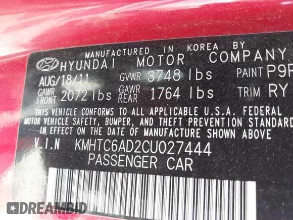 ✅ 2012 Hyundai Veloster w/Gray Int • VIN: KMHTC6AD2CU027444 • Lot: 43484433. Listed on IAAI with 161,840 mi. Free auction sales archive from the USA and detailed vehicle history report at DreamBid. Image 9.