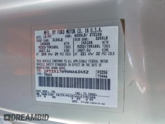 ✅ 1998 Ford F-150 • VIN: 1FTZX17W9WNA63452 • Lot: 43474139. Wystawiony na IAAI z przebiegiem 186 589 mil. Bezpłatny archiwum sprzedaży aukcyjnych z USA i szczegółowy raport historii pojazdu na DreamBid. Zdjęcie 9.