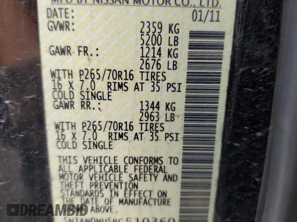 ✅ 2011 Nissan Xterra S • VIN: 5N1AN0NU5BC510360 • Lot: 47251425. Listed on Copart with Not provided. Free auction sales archive from the USA and detailed vehicle history report at DreamBid. Image 13.