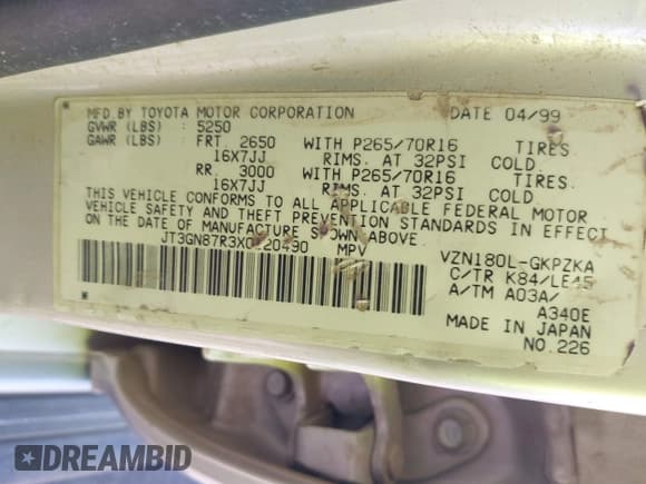 ✅ 1999 Toyota 4Runner Limited • VIN: JT3GN87R3X0120490 • Lot: 43608506. Listed on IAAI with 172,938 mi. Free auction sales archive from the USA and detailed vehicle history report at DreamBid. Image 12.