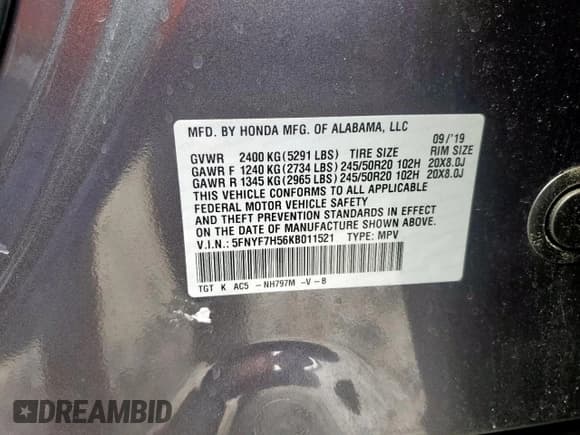 ✅ 2019 Honda Passport EX-L • VIN: 5FNYF7H56KB011521 • Lot: 66732125. Listed on Copart with 114,499 mi. Free auction sales archive from the USA and detailed vehicle history report at DreamBid. Image 14.