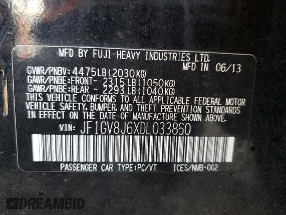 ✅ 2013 Subaru WRX WRX STI • VIN: JF1GV8J6XDL033860 • Lot: 85730894. Listed on Copart with 130,785 mi. Free auction sales archive from the USA and detailed vehicle history report at DreamBid. Image 13.