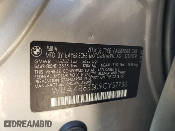 ✅ 2009 BMW 7 Series 750Li • VIN: WBAKB83509CY57730 • Lot: 71162805. Listed on Copart with 146,893 mi. Free auction sales archive from the USA and detailed vehicle history report at DreamBid. Image 12.