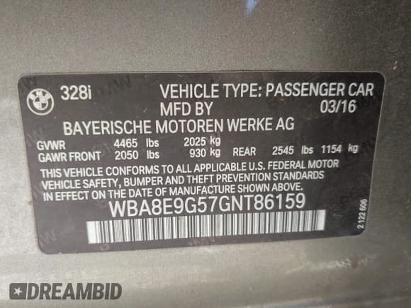 ✅ 2016 BMW 3 Series 328i • VIN: WBA8E9G57GNT86159 • Lot: 43480531. Wystawiony na IAAI z przebiegiem 116 120 mil. Bezpłatny archiwum sprzedaży aukcyjnych z USA i szczegółowy raport historii pojazdu na DreamBid. Zdjęcie 9.