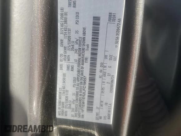 ✅ 2020 Ford F-150 XL • VIN: 1FTEW1E52LFC19557 • Lot: 82416775. Wystawiony na Copart z przebiegiem 63 390 mil. Bezpłatny archiwum sprzedaży aukcyjnych z USA i szczegółowy raport historii pojazdu na DreamBid. Zdjęcie 12.