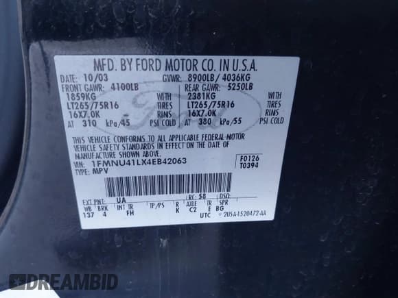 ✅ 2004 Ford Excursion Special Serv • VIN: 1FMNU41LX4EB42063 • Лот: 41829379. Опубликован ранее на IAAI с пробегом 247 432 миль. Бесплатный доступ к архиву аукционных продаж из США и подробный отчёт об истории автомобиля на DreamBid. Изображение 9.