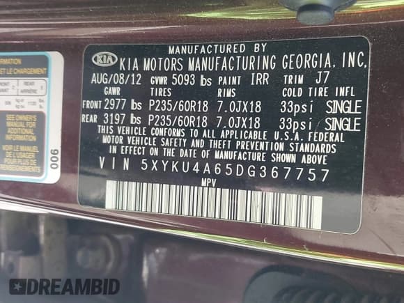 ✅ 2013 Kia Sorento EX • VIN: 5XYKU4A65DG367757 • Lot: 42283593. Listed on IAAI with 122,779 mi. Free auction sales archive from the USA and detailed vehicle history report at DreamBid. Image 9.