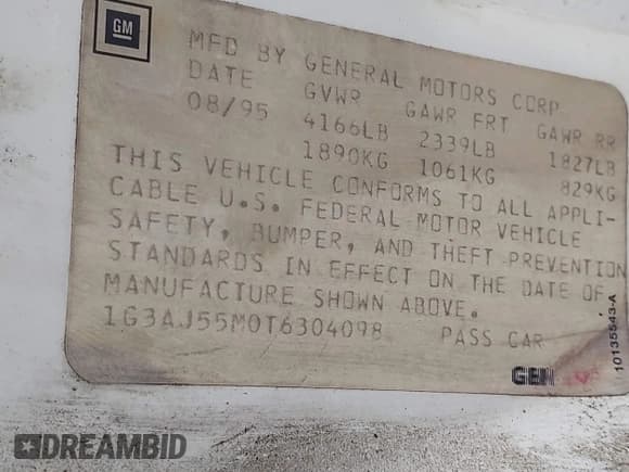 ✅ 1996 Oldsmobile Cutlass Ciera 1SA VX5 • VIN: 1G3AJ55M0T6304098 • Lot: 43150157. Listed on IAAI with 170,240 mi. Free auction sales archive from the USA and detailed vehicle history report at DreamBid. Image 9.